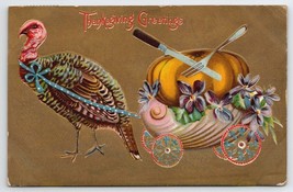 Thanksgiving Greetings Turkey Pulling Seashell Cart With Pumpkin Postcard V22 - £4.75 GBP