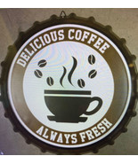 METAL BOTTLE CAP WALL ART: DELICIOUS COFFEE ALWAYS FREE 13.5&quot;  HEAVY MET... - £14.12 GBP
