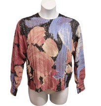 Nic+Zoe Autumn Bloom Sweater Womens L Abstract Print Ribbed Knit Bishop Sleeves  - £48.01 GBP