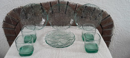 4 Teal Glass Luncheon Plates With Matching Colored Glasses - $10.00