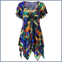 Gypsy Boho Multi Colored Stained Glass Print Short Sleeve Chiffon Scarf Blouse