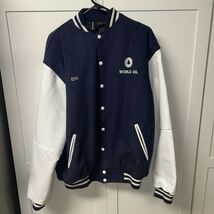 World Oil Varsity Jacket webjacket.com Mens Size XL Blue &amp; White - $71.32