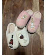 2 Pair Happy Days! Womens Fuzzy Slippers Size 5/6 - Wine &amp; Champagne Themed - $17.83 CAD