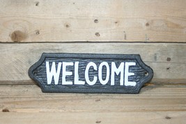 Cast Iron Welcome Sign Plaque Black White rustic shabby home farm beach lake - £13.48 GBP