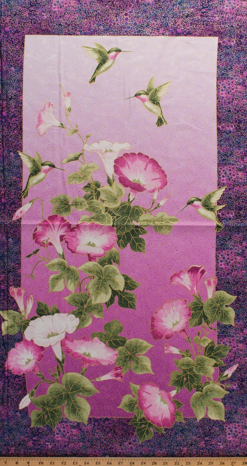 23.5&quot; X 44&quot; Panel Humming Birds Flowers Metallic Cotton Fabric Panel D56... - $9.11