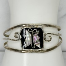 Vintage Silver Tone Abalone Shell Butterfly and Black Inlay Cuff Bracelet - £19.38 GBP