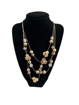 New York &amp; Company Necklace Gold Tone Flowers Beaded 3 Tier 24&quot; Statement NEW - £15.00 GBP