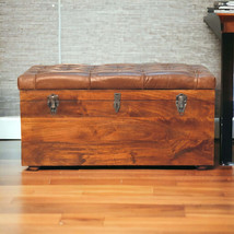 Chestnut Solid Wood Buffalo Leather Upholstered Storage Trunk - $11,598.48 MXN