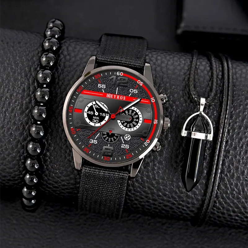 3PCS Set Fashion Mens celet Neck  Men Business Wrist Watch Clic Male Casual Nylo - £91.93 GBP