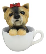 Ebros Realistic Adorable Yorkie Dog with Red Ribbon in Teacup Statue 6&quot;H - £16.77 GBP