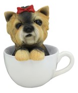 Ebros Realistic Adorable Yorkie Dog with Red Ribbon in Teacup Statue 6&quot;H - $20.99