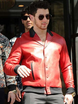 Nick Jonas Red Leather Jacket Men Flight/Bomber Size S M L XL XXL Custom Made - £109.72 GBP