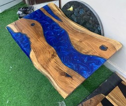 Blue Epoxy Live Edge Coffee &amp; Dining Table with Elegance Natural Wood Ta... - £427.72 GBP+