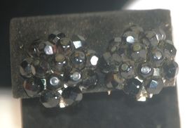 Laguna Earrings Cluster Jet Black Faceted Glass Beads Clip-on Silver Tone - $9.89