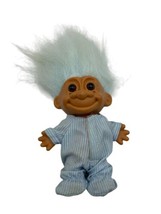 Russ Troll Doll 4&quot; Vintage Blue Pajamas Blue Hair Brown Eyes Vintage Toy - £9.58 GBP