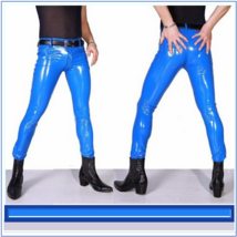 Slim Tight Glossy Stretch Blue Faux Latex Open Fly Zip Up Legging Pants image 2