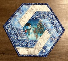 January Frosty Whirlwind Hexagon Quilted Table Topper Snowman and Tree E... - £19.98 GBP