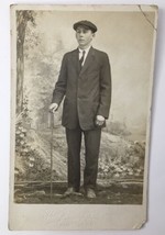 Antique Portrait Style RPPC Dapper Young Man in Cap w/ Walking Cane AZO - £8.76 GBP