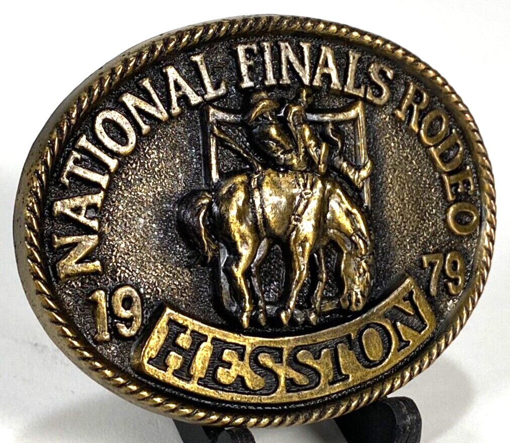 Primary image for Hesston National Finals Rodeo Belt Buckle-Brass-Proffesional Cowboys-Vtg 1979
