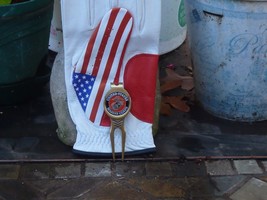 US Marines Ball Marker &amp; Divot Tool &amp; USA Flag White Mens &amp; Ladies Golf Glove - $34.55