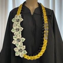 Graduation Money Lei Flower Crisp Bill Gold/Yellow &amp; Black Four Braided Ribbons - £60.14 GBP