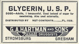1 Antique Pharmacy Label GLYCERIN, U.S.P. G.A. Hartman and Sons Rexall D... - $28.11