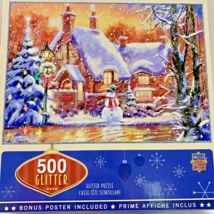 Holiday Glitter 500 Piece Jigsaw Puzzle Christmas Snow House Snowman Sce... - £10.50 GBP