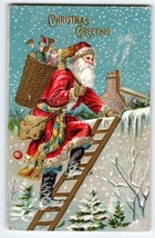 Santa Claus Christmas Postcard Climbs Ladder Snowflakes Toys Snow Robbins German - $40.50