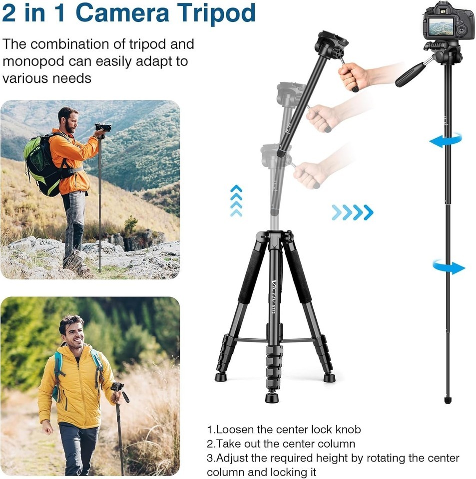 Heavy-Duty 72" Camera Tripod with Monopod Functionality - Perfect for YouTubers Item image 6