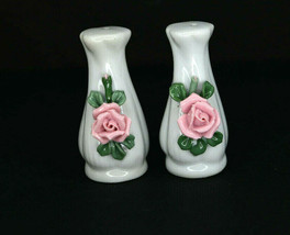 Vintage White Vases With Pink Roses Salt and Pepper Shakers - £11.75 GBP