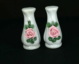 Vintage White Vases With Pink Roses Salt and Pepper Shakers - £11.94 GBP