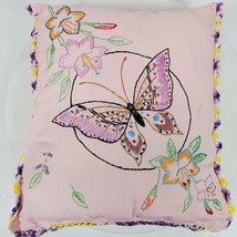 Vintage Hand Crafted Embroidery Butterfly Throw Pillow 10x12 Inch - $19.20 CAD