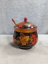 Russian Wooden Lacquer Khokhloma Style Folk Art Sugar Bowl With Spoon - $18.38