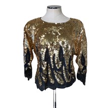 Vintage Black &amp; Gold Sequins Beaded Blouse with scalloped hem size 44 M/L - $41.68