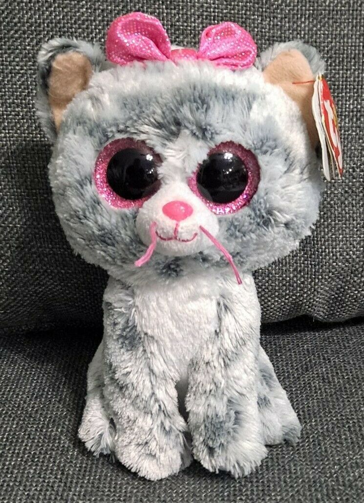Ty Beanie Boos Kiki Cat Grey Stripe TySilk Glitter Eyes Pink Bow 7&quot; Plus... - $10.99