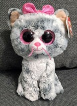 Ty Beanie Boos Kiki Cat Grey Stripe TySilk Glitter Eyes Pink Bow 7&quot; Plus... - £8.64 GBP