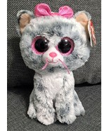 Ty Beanie Boos Kiki Cat Grey Stripe TySilk Glitter Eyes Pink Bow 7&quot; Plus... - £8.59 GBP