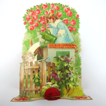 Antique Valentine Honeycomb 3D Pop Up Girl Blue Dress Cupid Roses LARGE UNSIGNED - £31.85 GBP