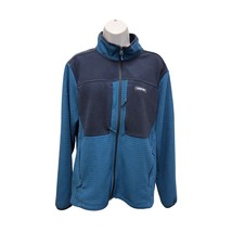 Lands’ End Men&#39;s Fleece Jacket M Teal Navy Grid Zip-Up Warm Casual Layer - $23.74