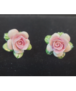 Vintage Porcelain Earrings Pink Rose with Green Leaves Clip On about 1 inch - £15.76 GBP