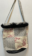 VTG Handmade Womens Fabric Tote Bag Purse Black White Red Fringed Edge 9x11x5.5&quot; - £12.27 GBP