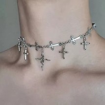 Gothic Cross Choker Necklace – Silver Metal Punk Grunge Rose Pendant Jew... - $15.00