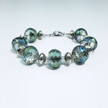 Handmade Blue Green Purple Iridescent Glass Bead Silver Metal Womens Bracelet 8” - £31.17 GBP
