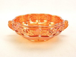 Vintage Marigold Glass 6.5 Serving Bowl, Handled, Round Bulbous Panels, 3D Roses - £23.46 GBP