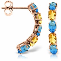 14K Solid Rose Gold Gemstone Earrings w/ Natural Blue Topaz &amp; Citrines - £302.14 GBP