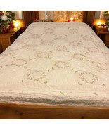 Vintage Quilted Bedspread Queen Cream Checker Squares Lacy &amp; Floral Embr... - €48,73 EUR