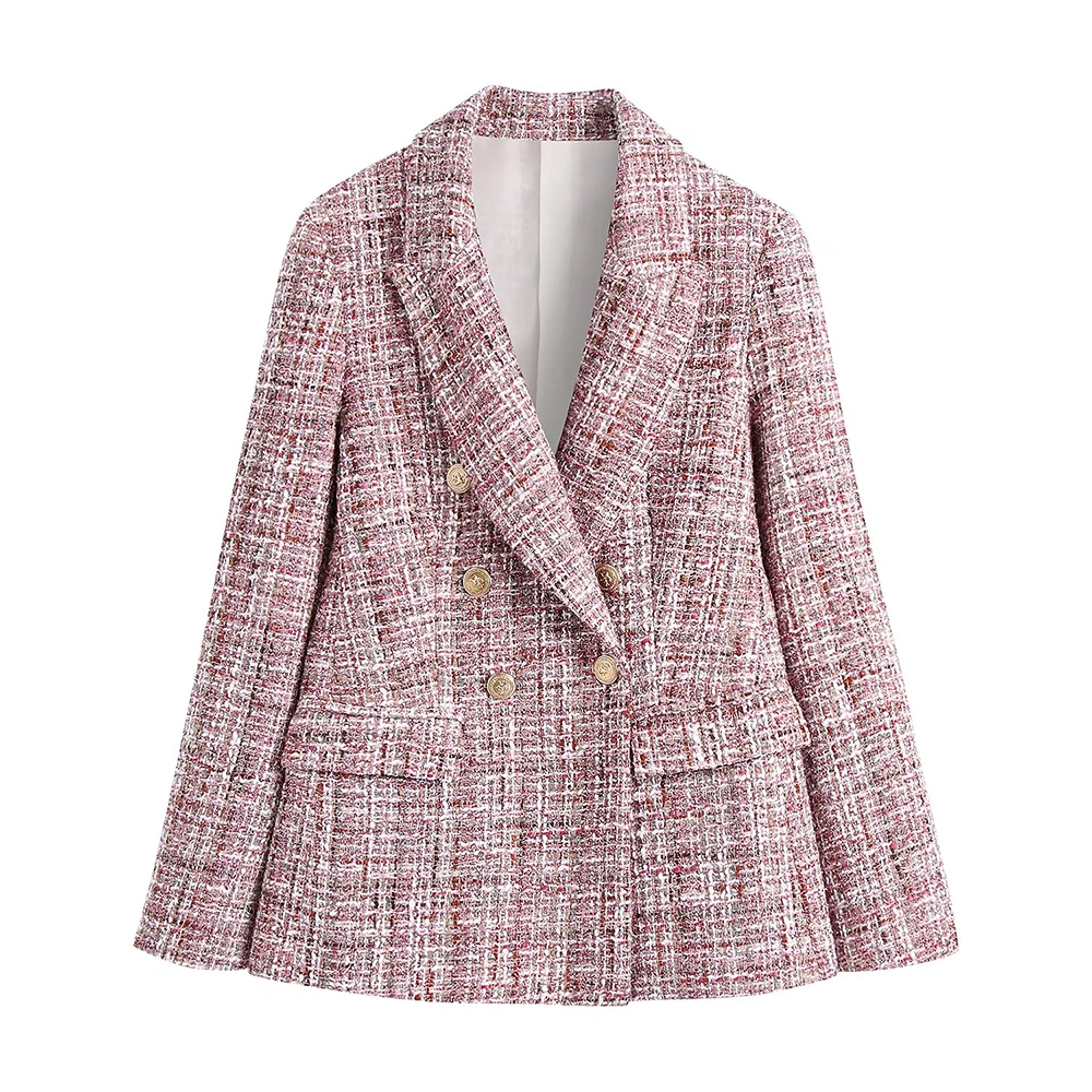 XEASY Tweed Jacket Blazer Women Jackets 2021 Double Breasted Pink Blazer Autumn  - £181.21 GBP