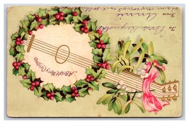 Holly Wreath Banjo Guitar Mery Christmas Embossed UDB Postcard U11 - £3.83 GBP