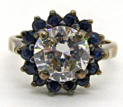 Victorian White Quartz Blue Sapphire Cluster 925 Sterling Silver Ring Size 6.5 - £139.21 GBP