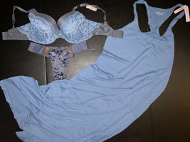 Victoria&#39;s Secret 34DDD Bra Set+Brazilian Panty+Long Gown Slip Gray Blue Body By - £93.85 GBP